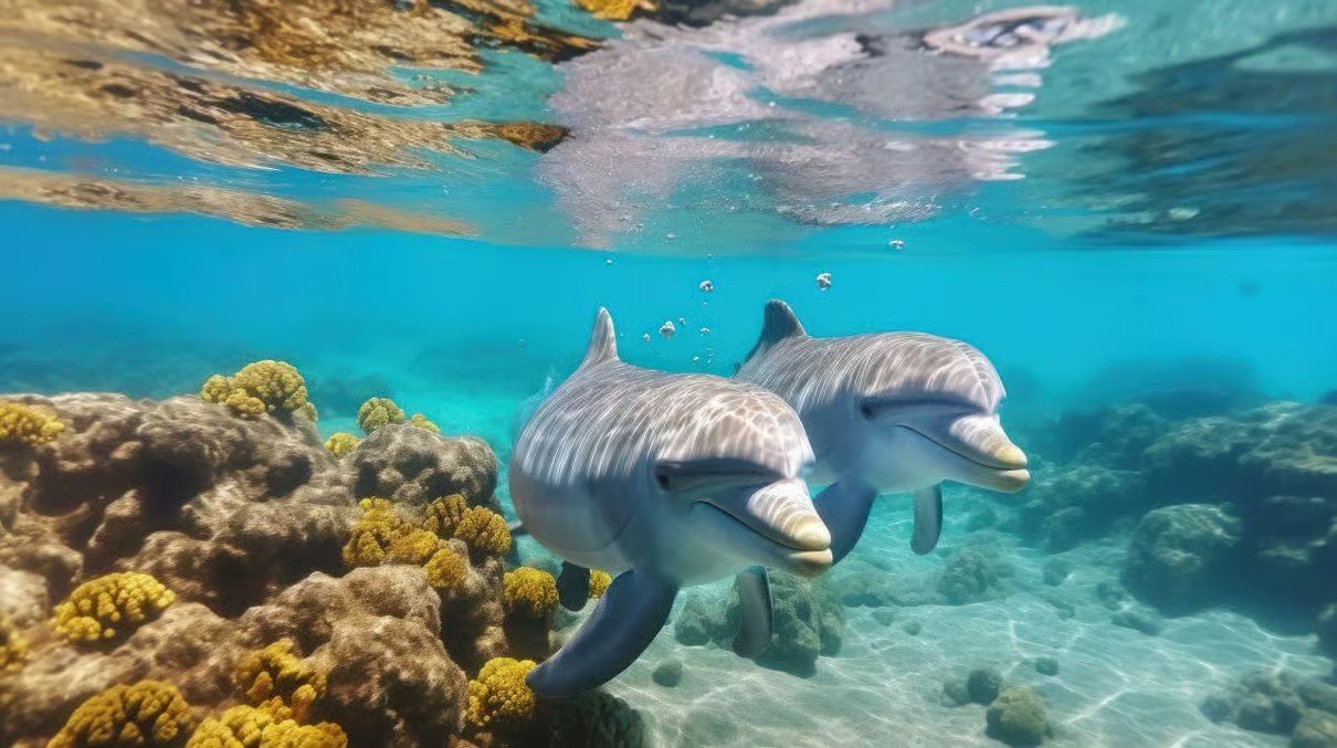 Tourists scuba diving and snorkeling above colorful coral reefs in the clear blue waters of the Red Sea near Hurghada, Egypt.