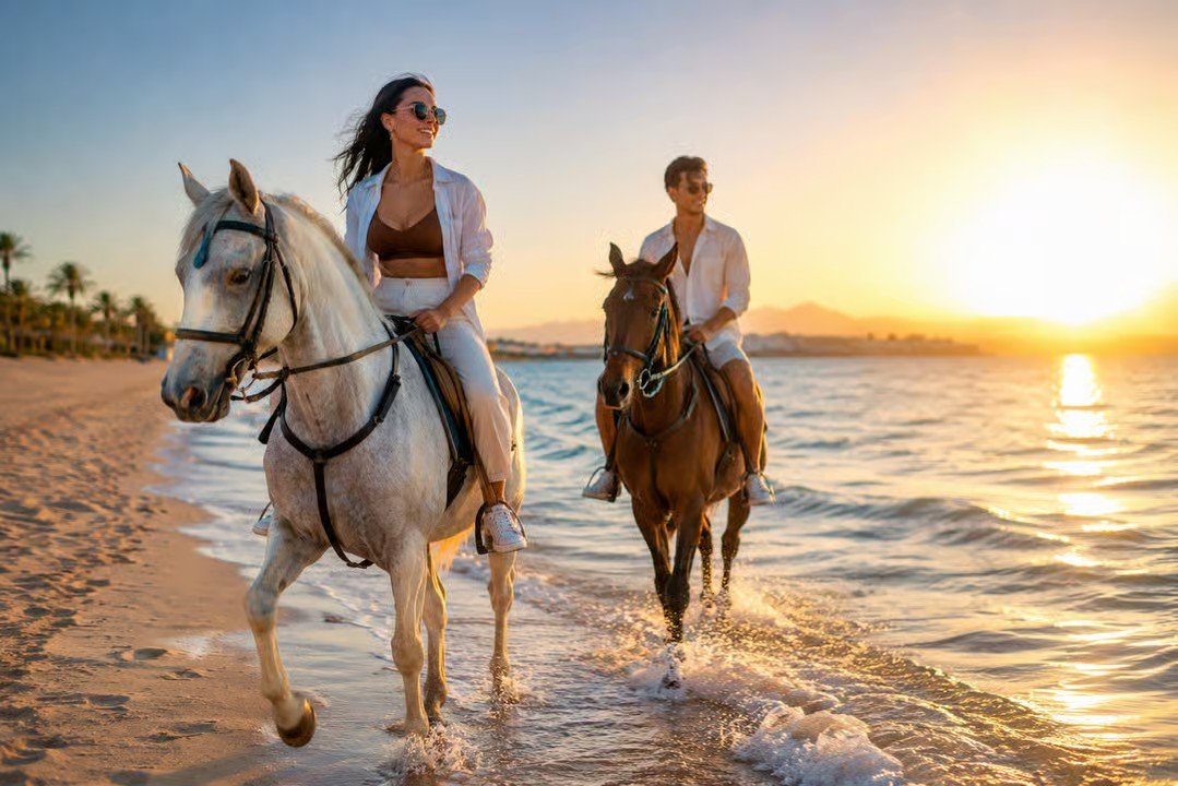 Hurghada Horse Care and Riding Experience for Beginners Beginner enjoying a guided horse riding and grooming experience at a stable in Hurghada, Egypt, with a calm horse.