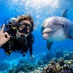 Scuba divers exploring colorful coral reefs and tropical fish underwater during a daily scuba diving trip in Hurghada, Egypt.
