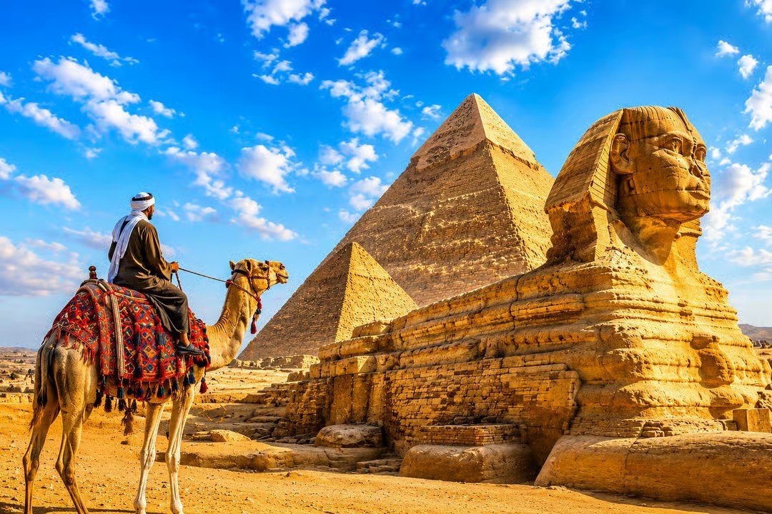 Pyramids of Giza and Great Sphinx on a Cairo half-day tour with a traditional camel ride in Egypt